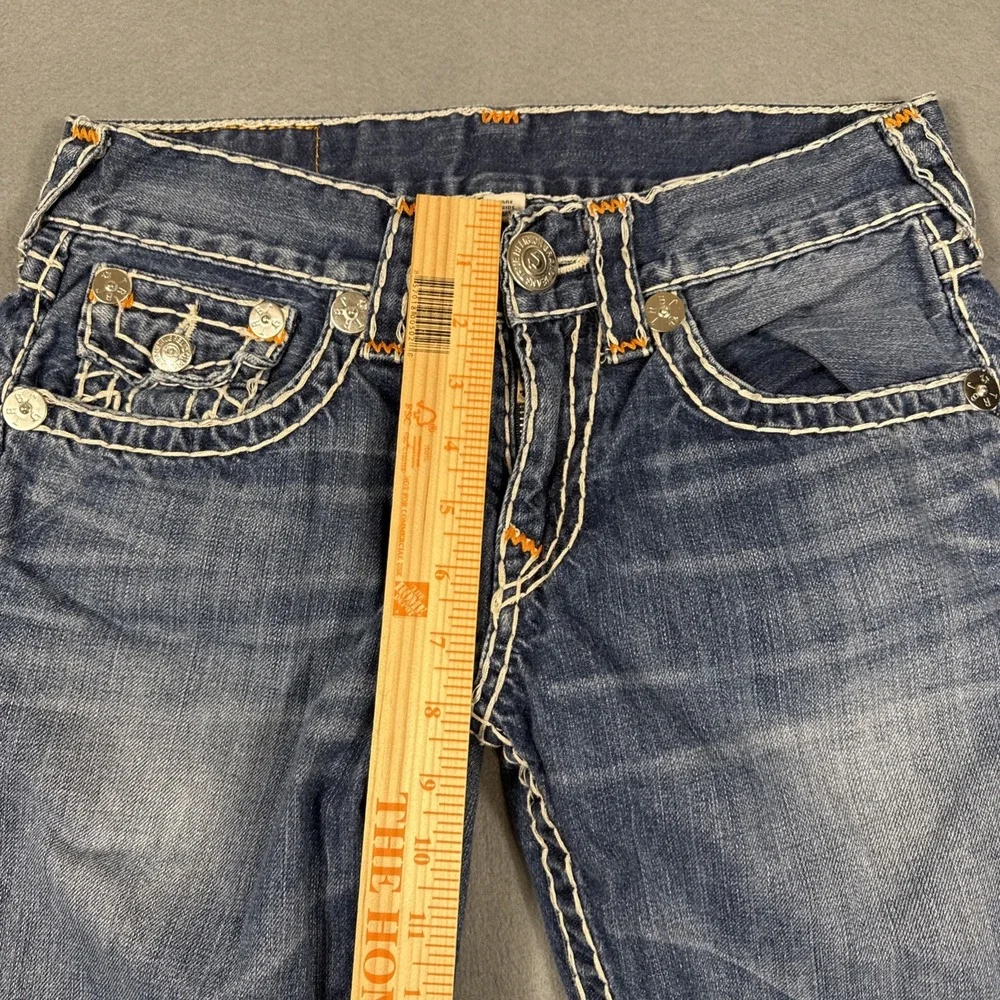 TRUE RELIGION 29 X30 STRAIGHT FLAP SUPER-T ORANGE BACK LOGO PATCH WHISKERING